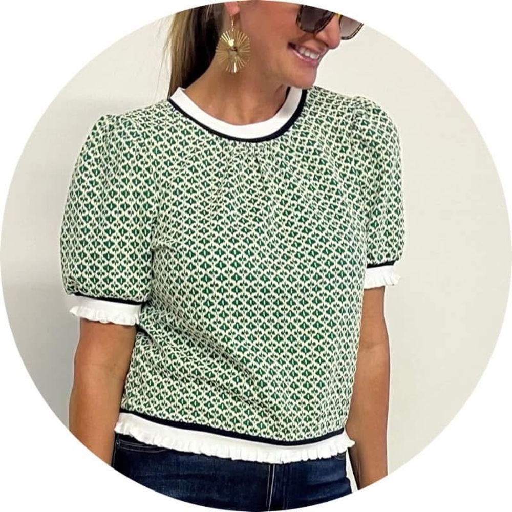 VOY Greta Green Short Sleeve Sweater w/ Ruffle Trim NWT